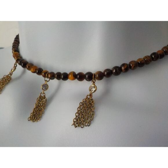 Etikka Choker Necklace Tiger Eye Round Stone with 3 Crystals accents Length 16" - Picture 5 of 12